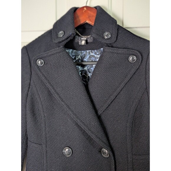 H&M Long Peacoat Jacket Womens 6 Black Wool Blend Pockets Double Breasted Lined - Picture 5 of 14